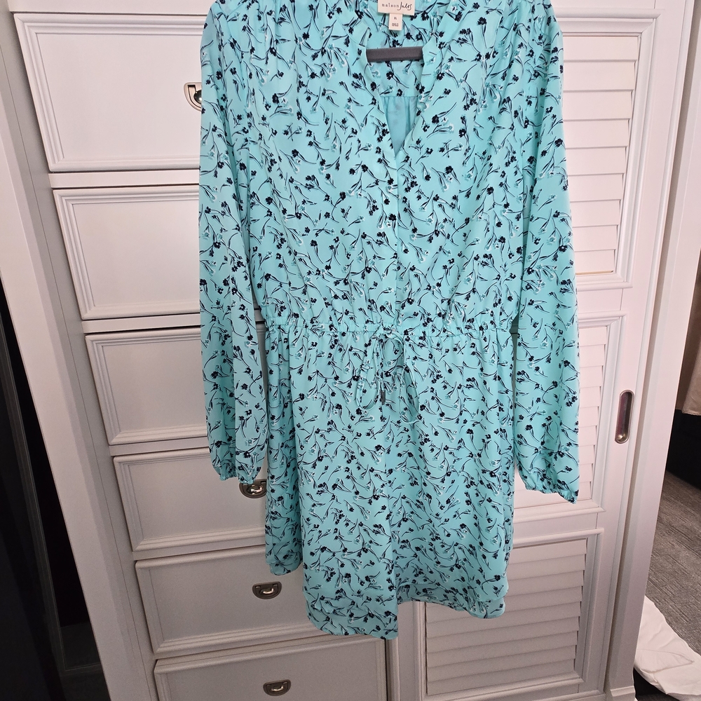 Maison Jules Aqua Long Sleeve Drawstring Waist Dress with Black Floral Print